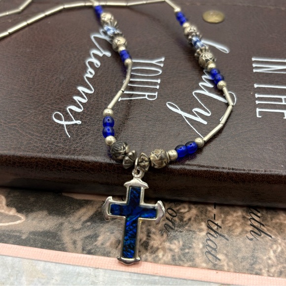 Vintage Handmade Blue Inlay Cross Necklace 16” Barrel Clasp - Picture 1 of 7